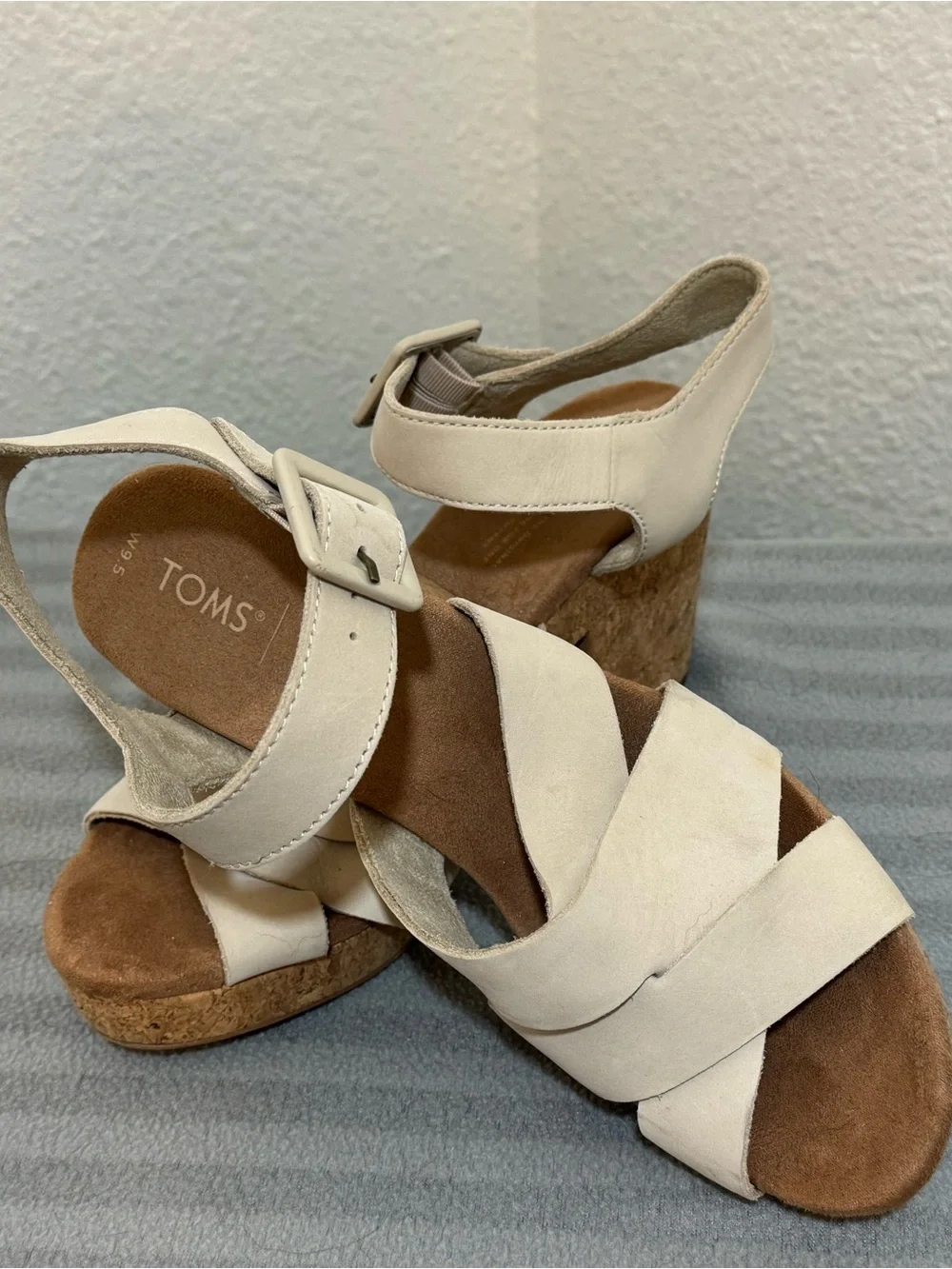 Tom's Beige Cork Wedge Sandals - Elegant Neutral Summer Heels